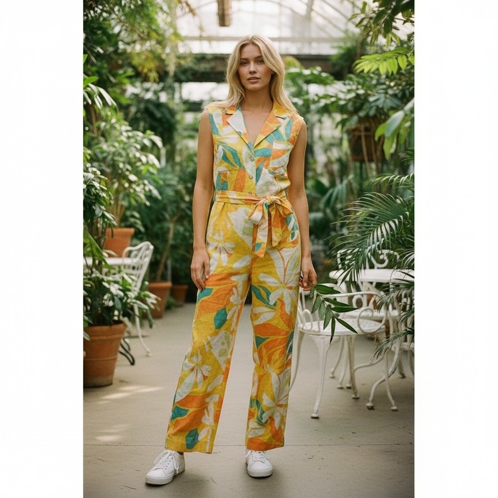 En Crème Cap Sleeve Tropical Jumpsuit botanical L Linen resort vacation cruise